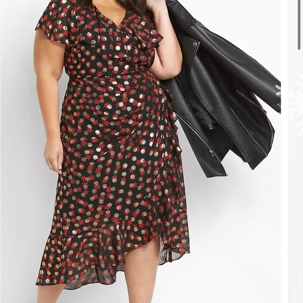 Lane Bryant Asymmetrical Black and Red & Gold Holiday dress Plus Size 28